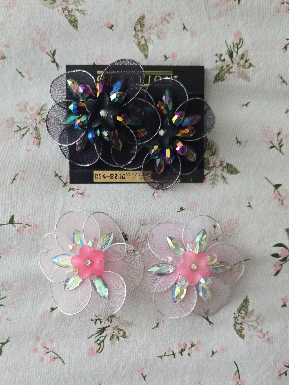 Floral Sequin Mesh Hair Clips - Black & Pink
